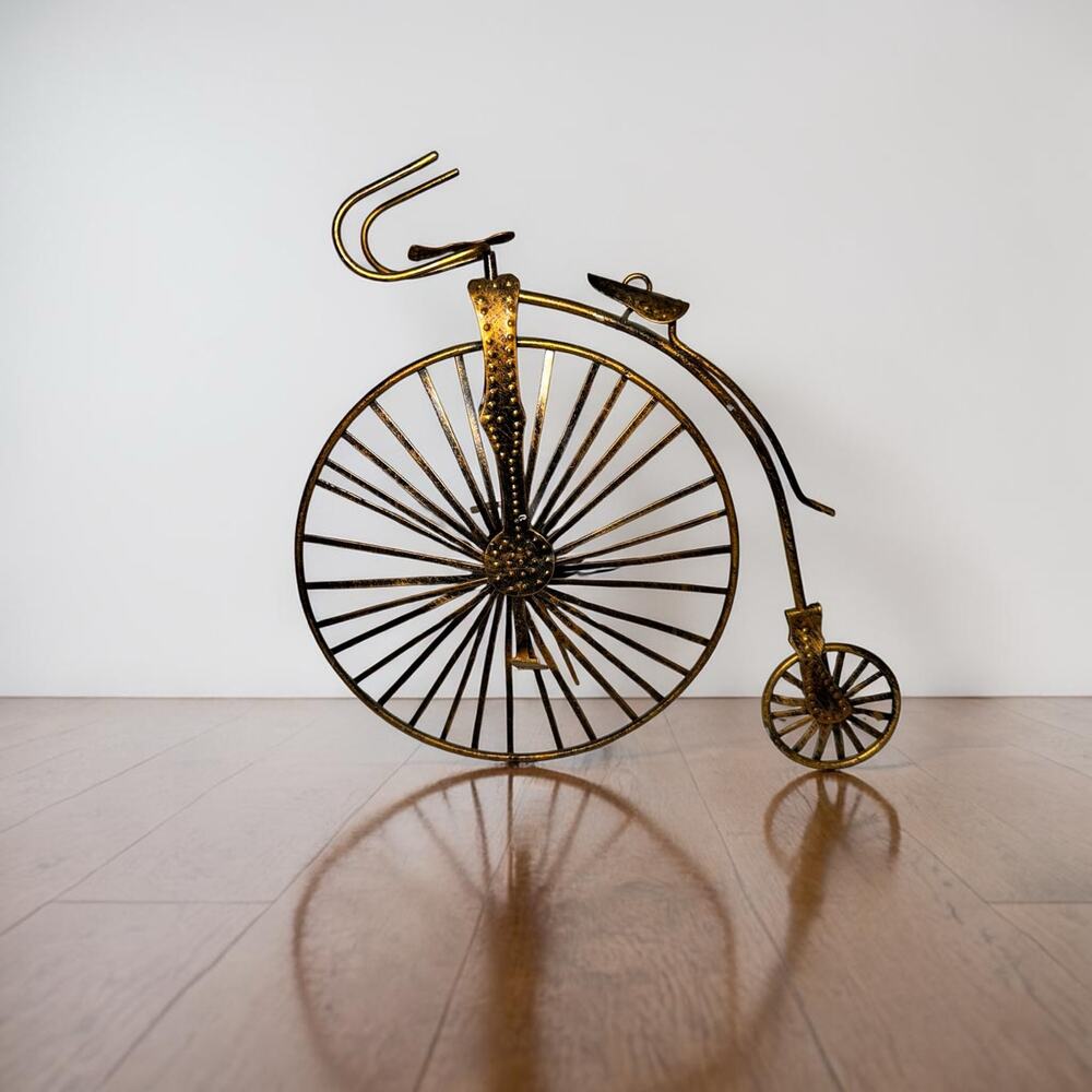 Vintage Penny Farthing Bicycle Sculpture Brass Tone Metal High Wheel Bike Decor